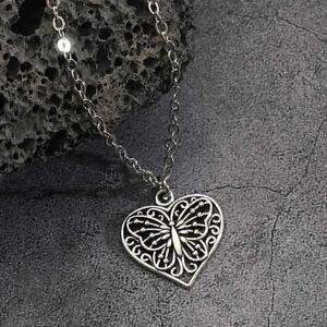 Silver Art Nouveau Filigree Heart with Butterfly Rolo Chain Pendant Necklace